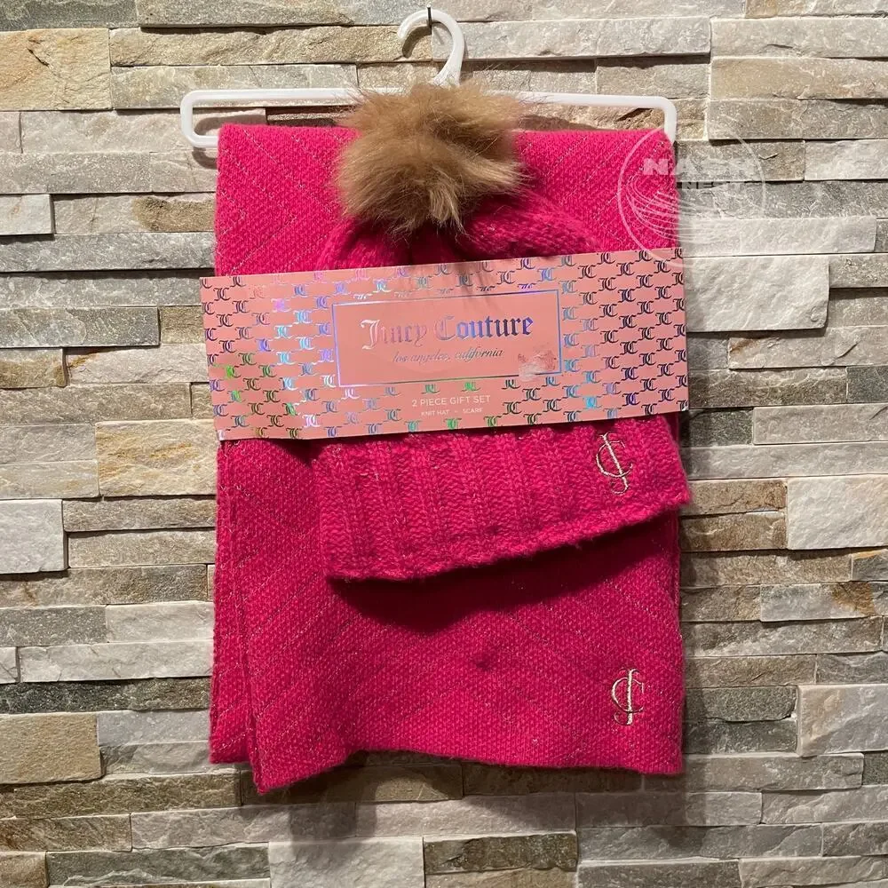 Juicy Couture Lined Cable Knit Hat & Scarf Set | Pink Monogram Gift Set New Gift
